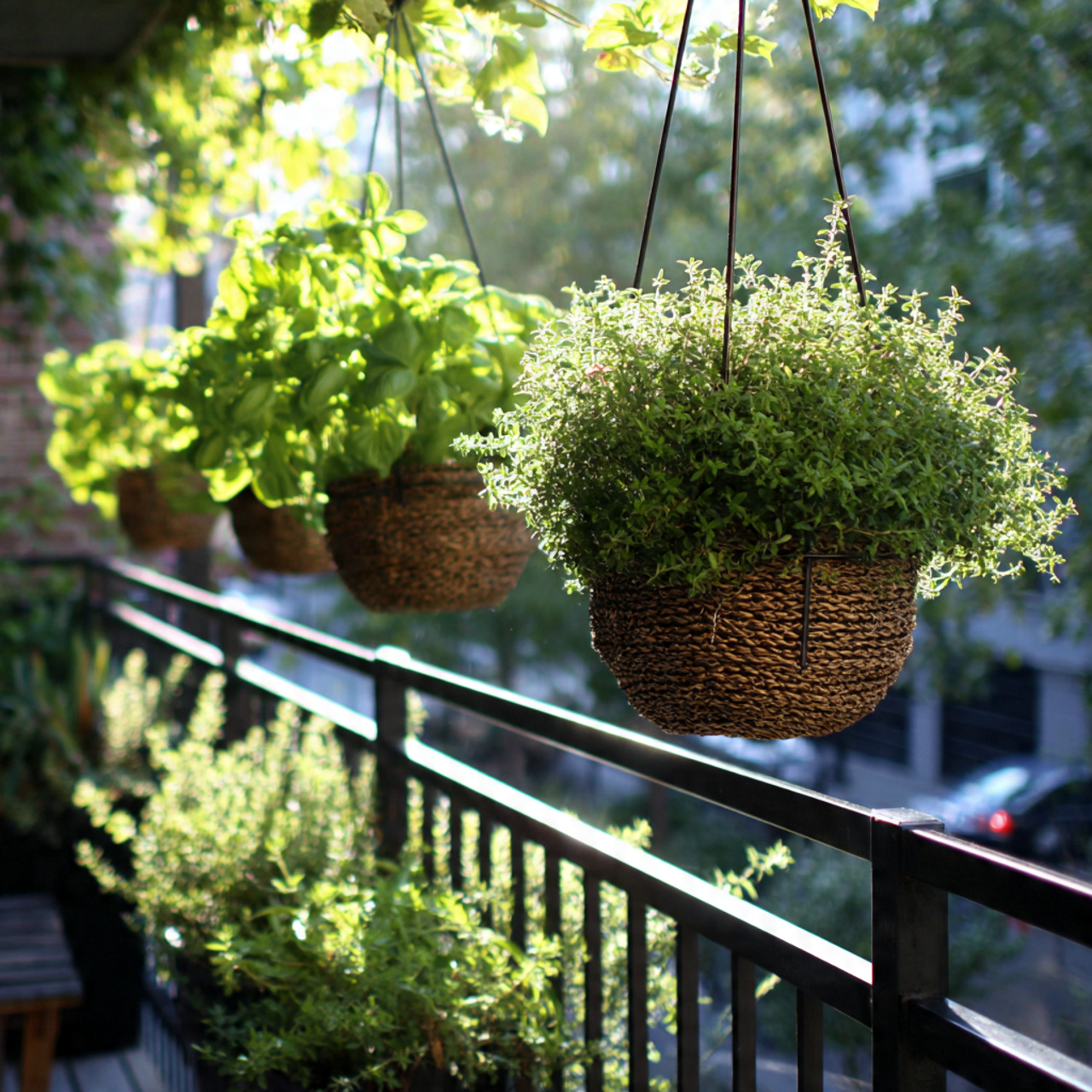 25 Stunning Balcony Garden Ideas to Transform Your Outdoor Space 15 suspended baskets filled with aromatic herbs such
