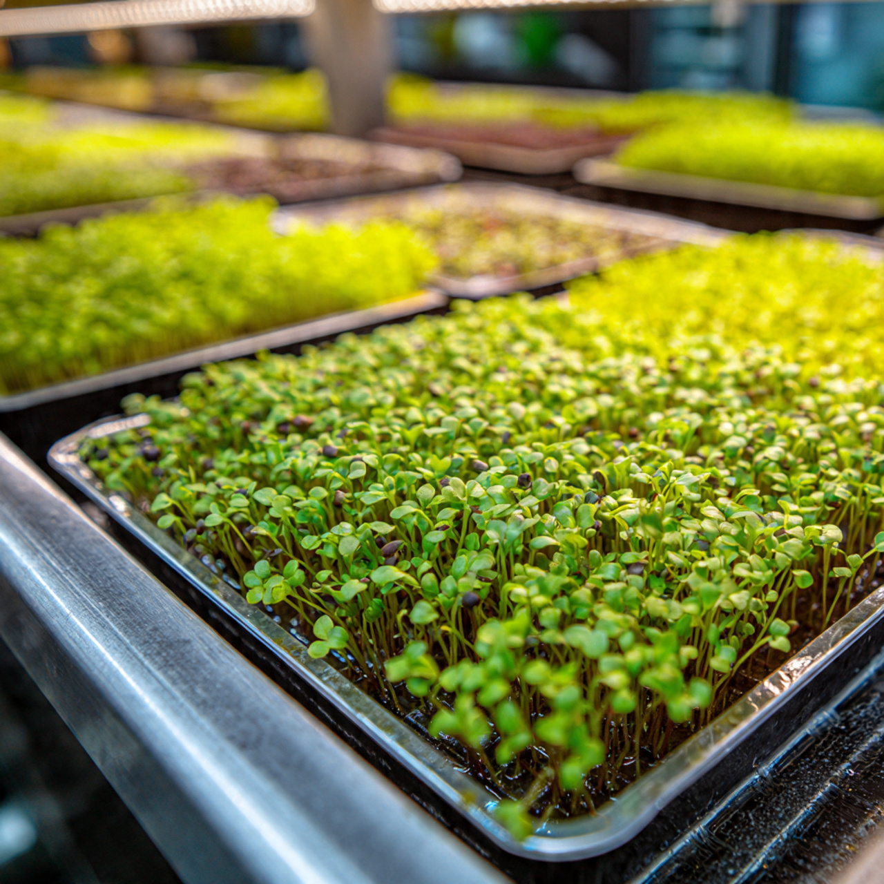 Hydroponic Gardening Made Easy: 25 Proven Ideas for Thriving Plants 13 trays of fresh microgreens in a hydroponic