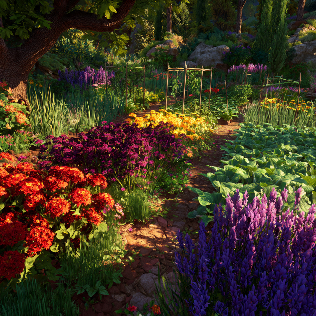 vibrant garden with flowers grouped by color