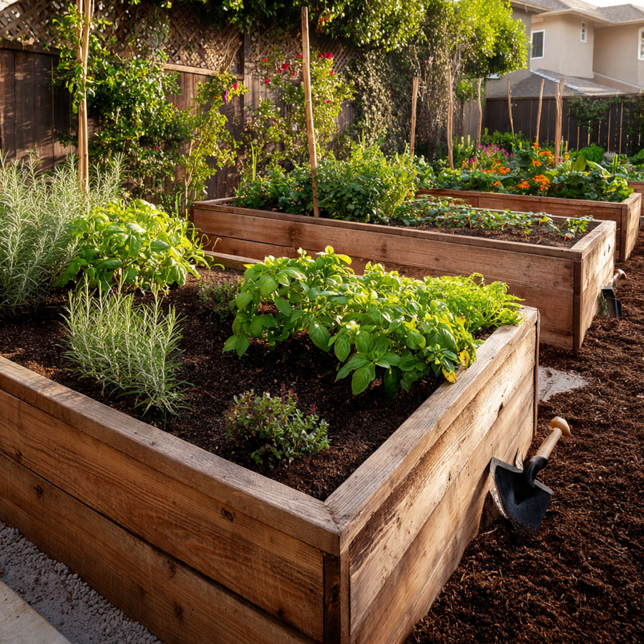 24 Creative Garden Ideas That Bring Instant Charm to Your Space 4 wooden raised garden beds filled with vegetables