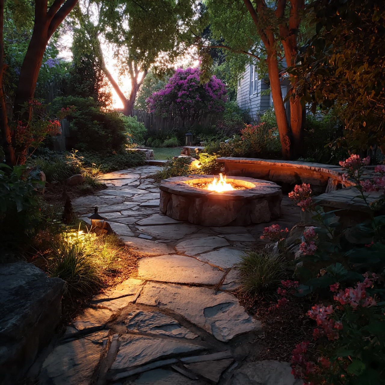 a backyard fire pit accessible via a