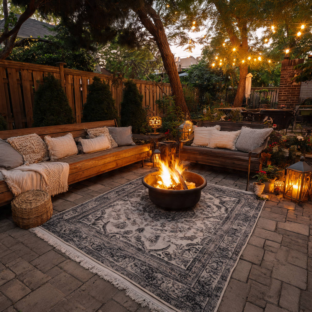 a backyard fire pit area with a 1