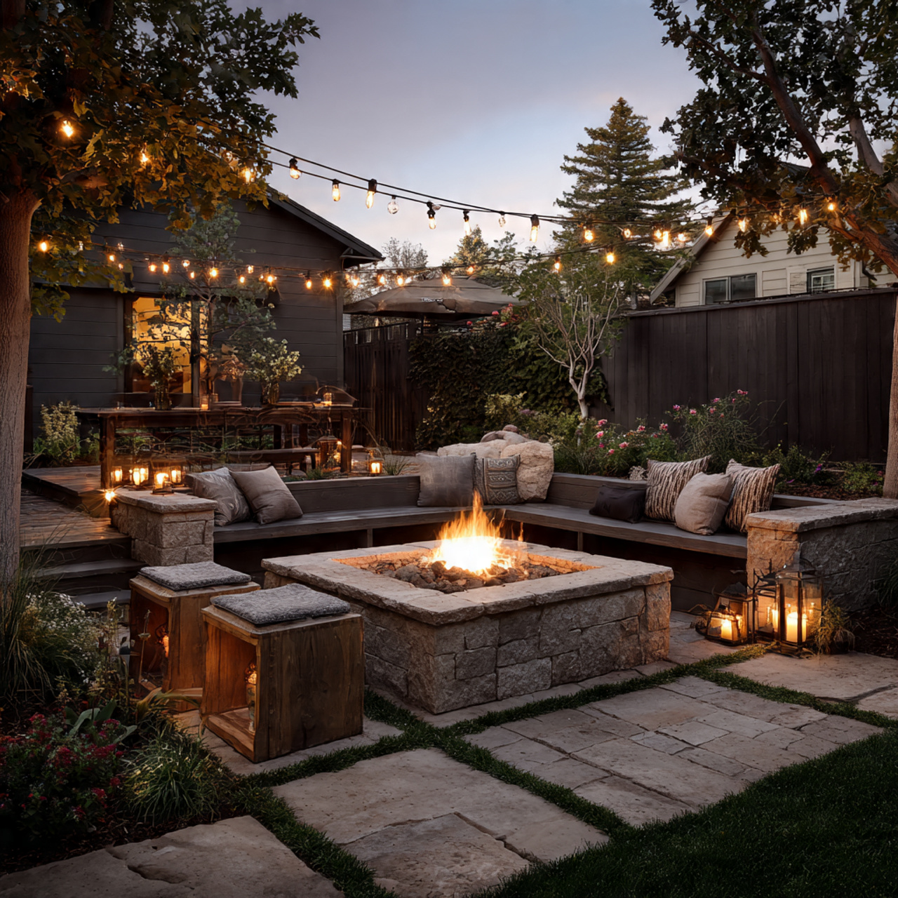 a backyard fire pit area with string