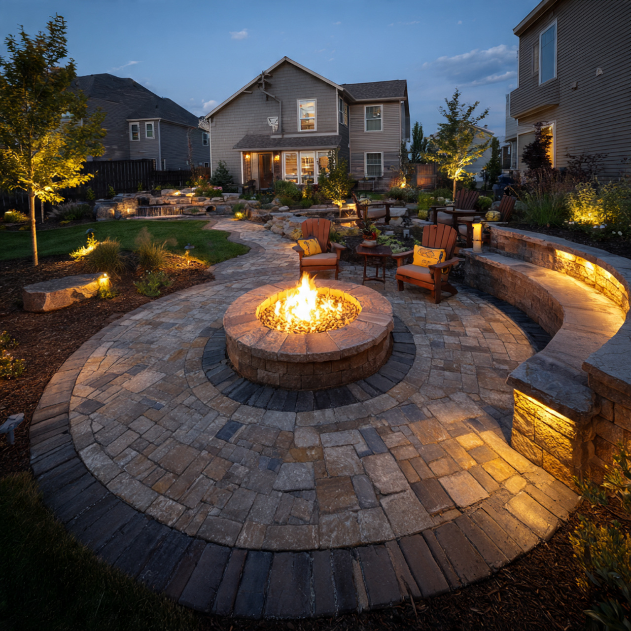 a backyard fire pit centered on a