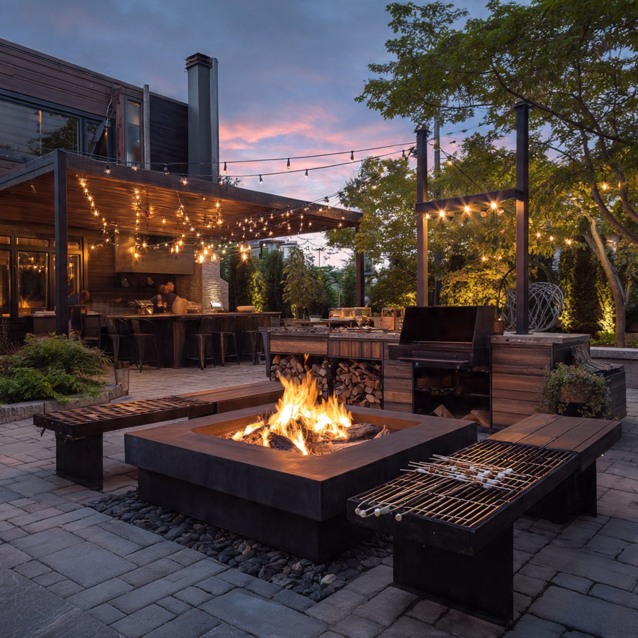 a backyard fire pit with an integrated