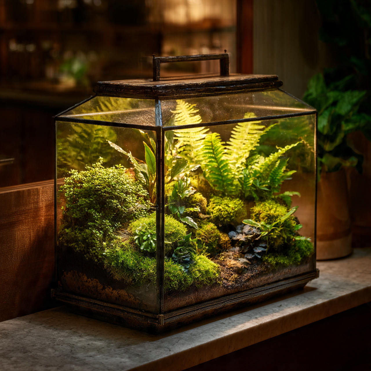 a closed or open terrarium placed in