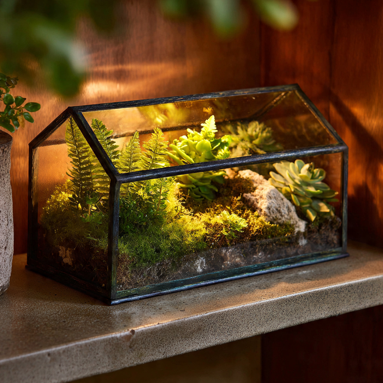 a compact glass terrarium placed on a 1