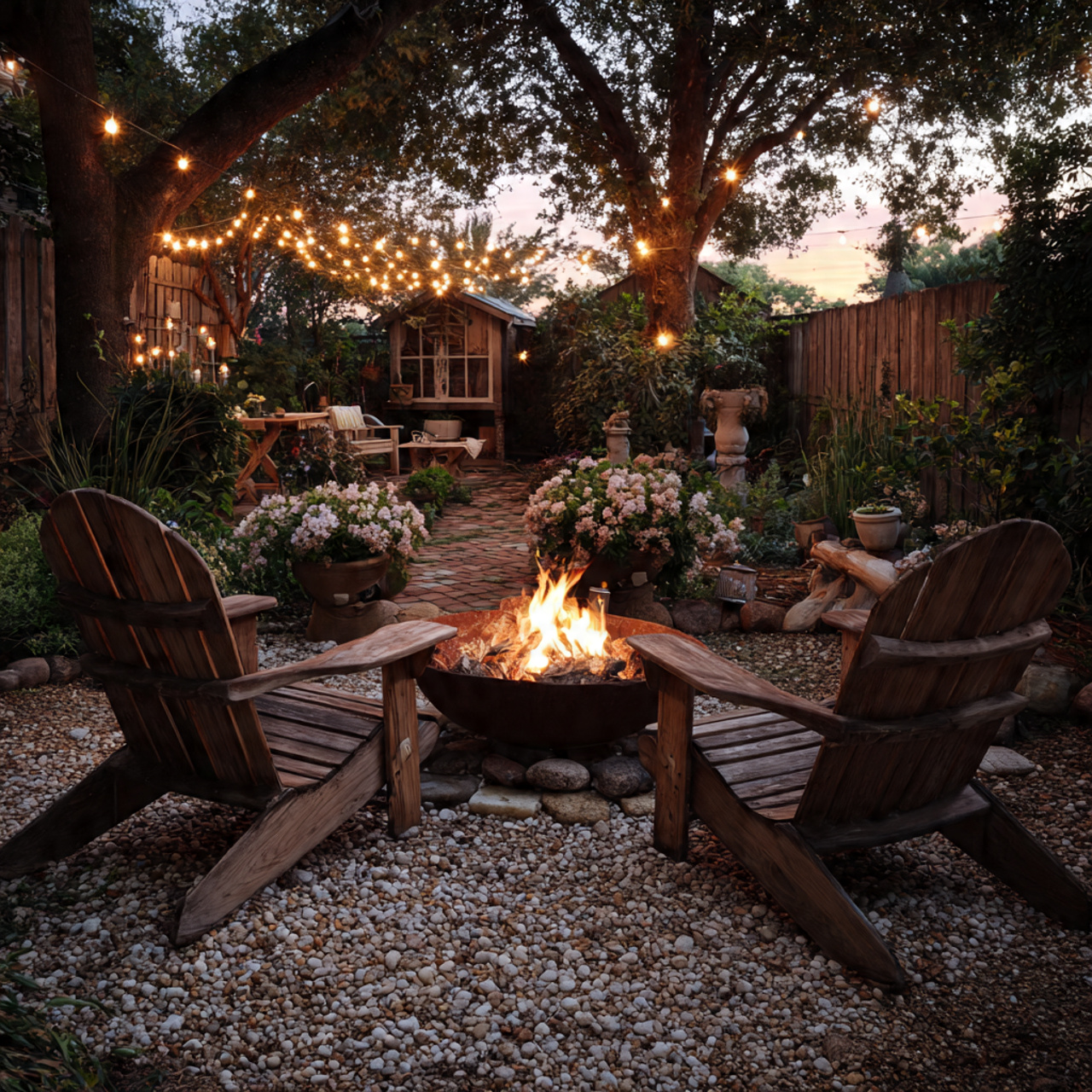 a cozy backyard scene with adirondack chairs