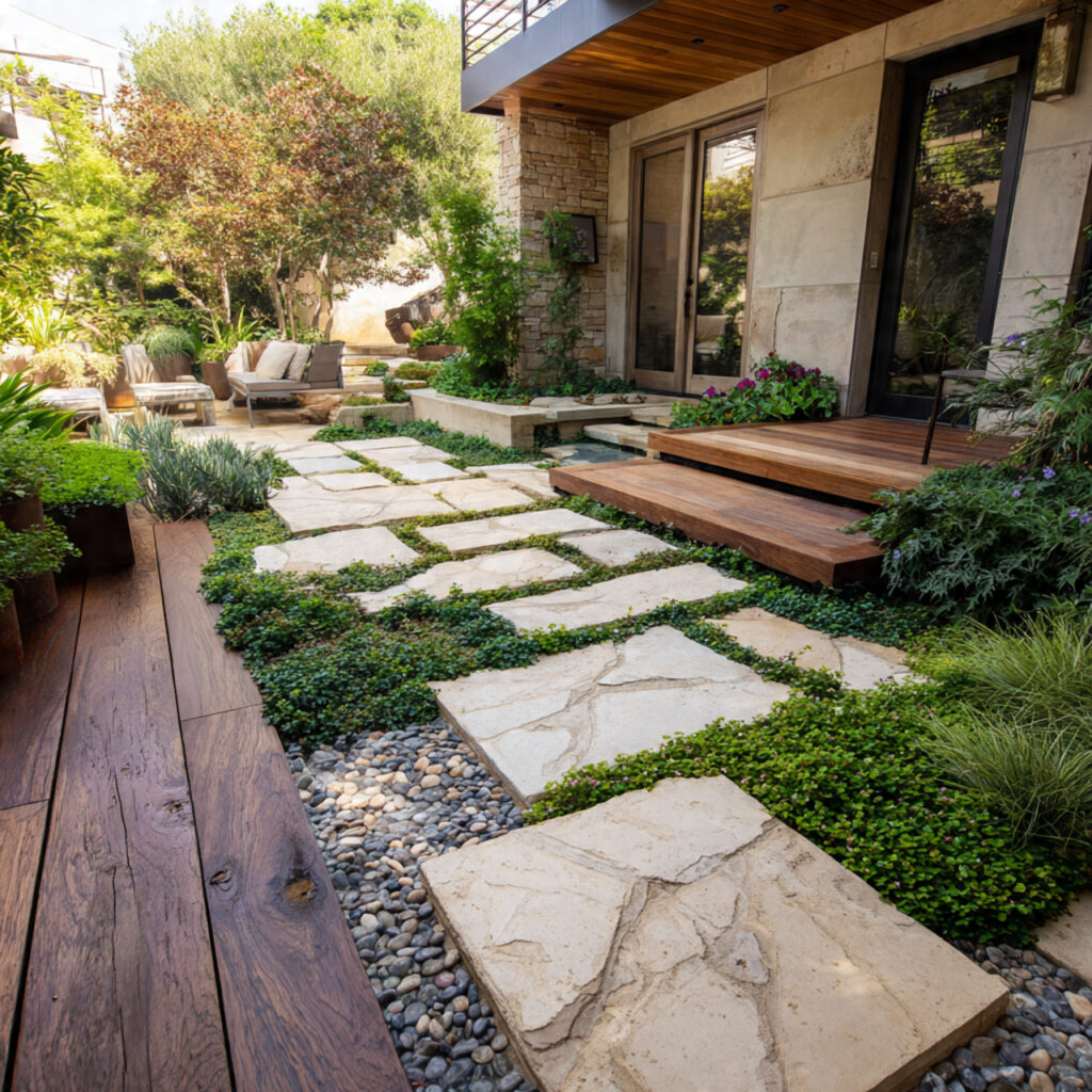 a creative patio design combining flagstone with