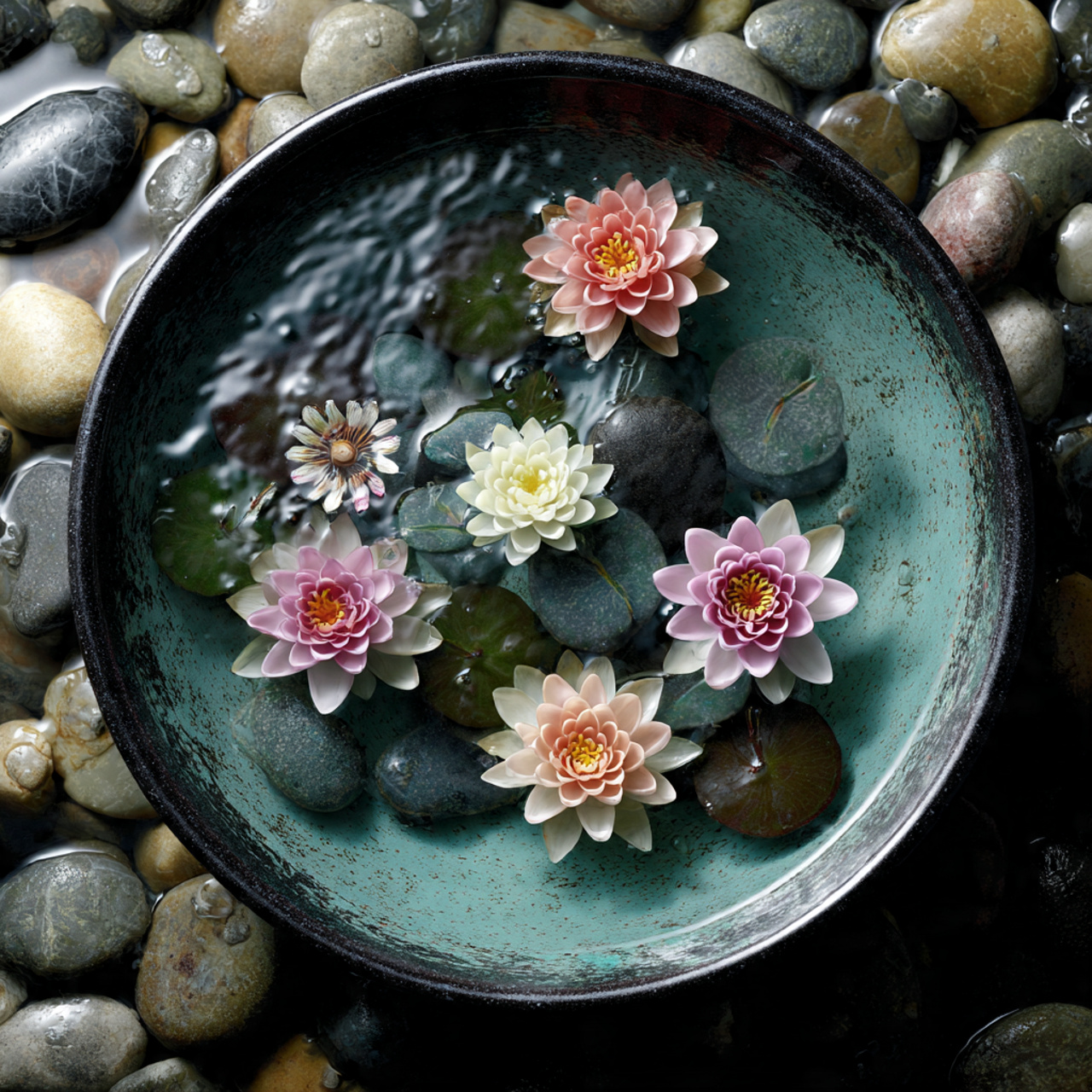 a decorative bowl with lotus flowers floating
