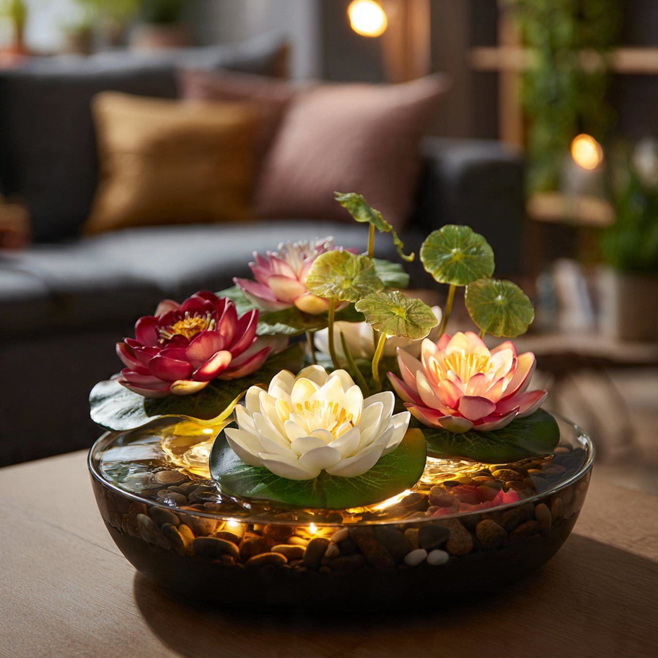 a decorative indoor bowl with blooming lotus