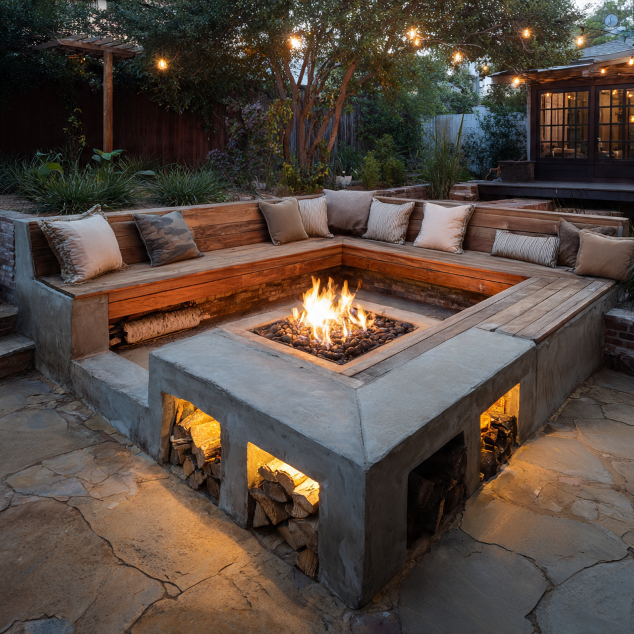 a fire pit integrated into a backyard