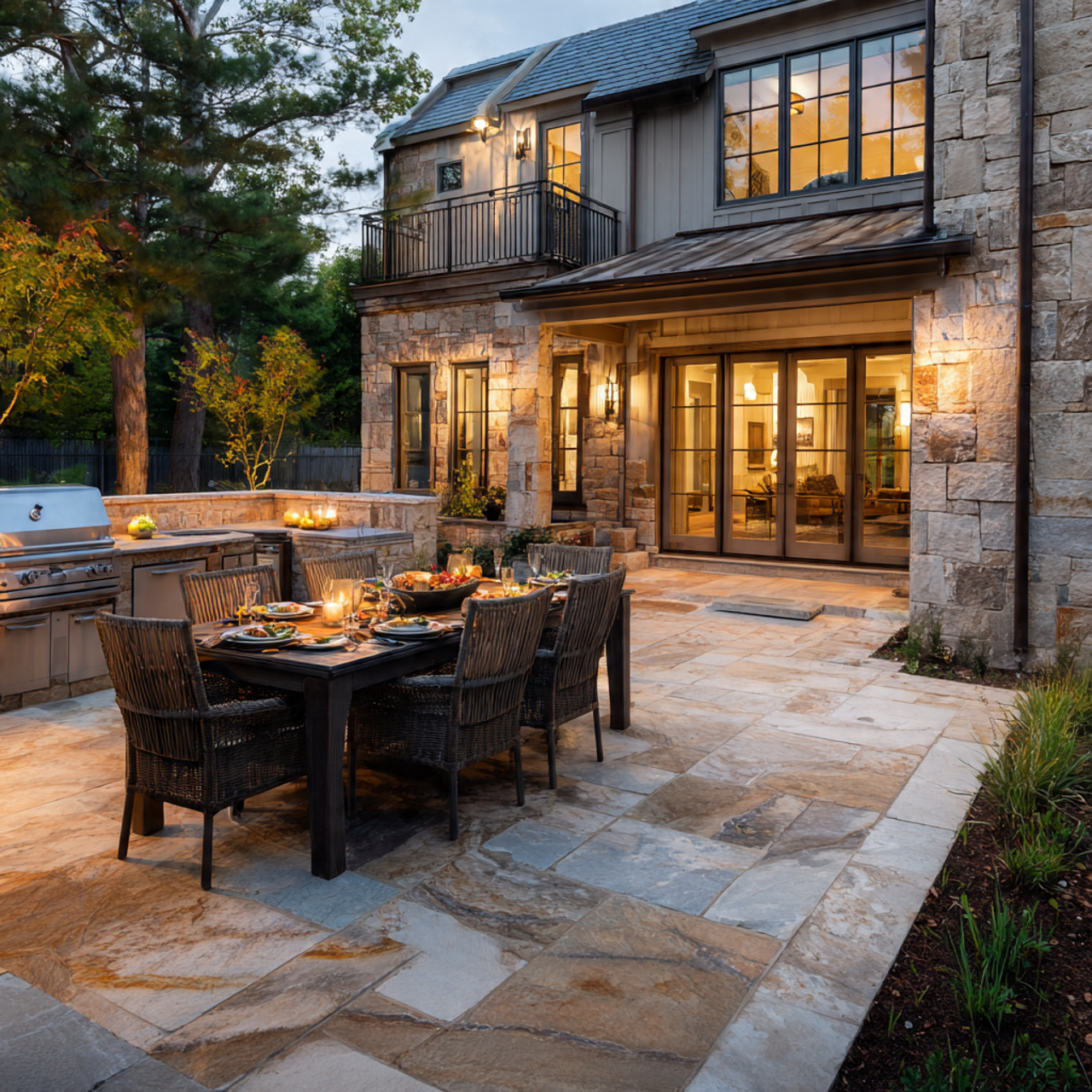a flagstone patio featuring an outdoor kitchen 1 1