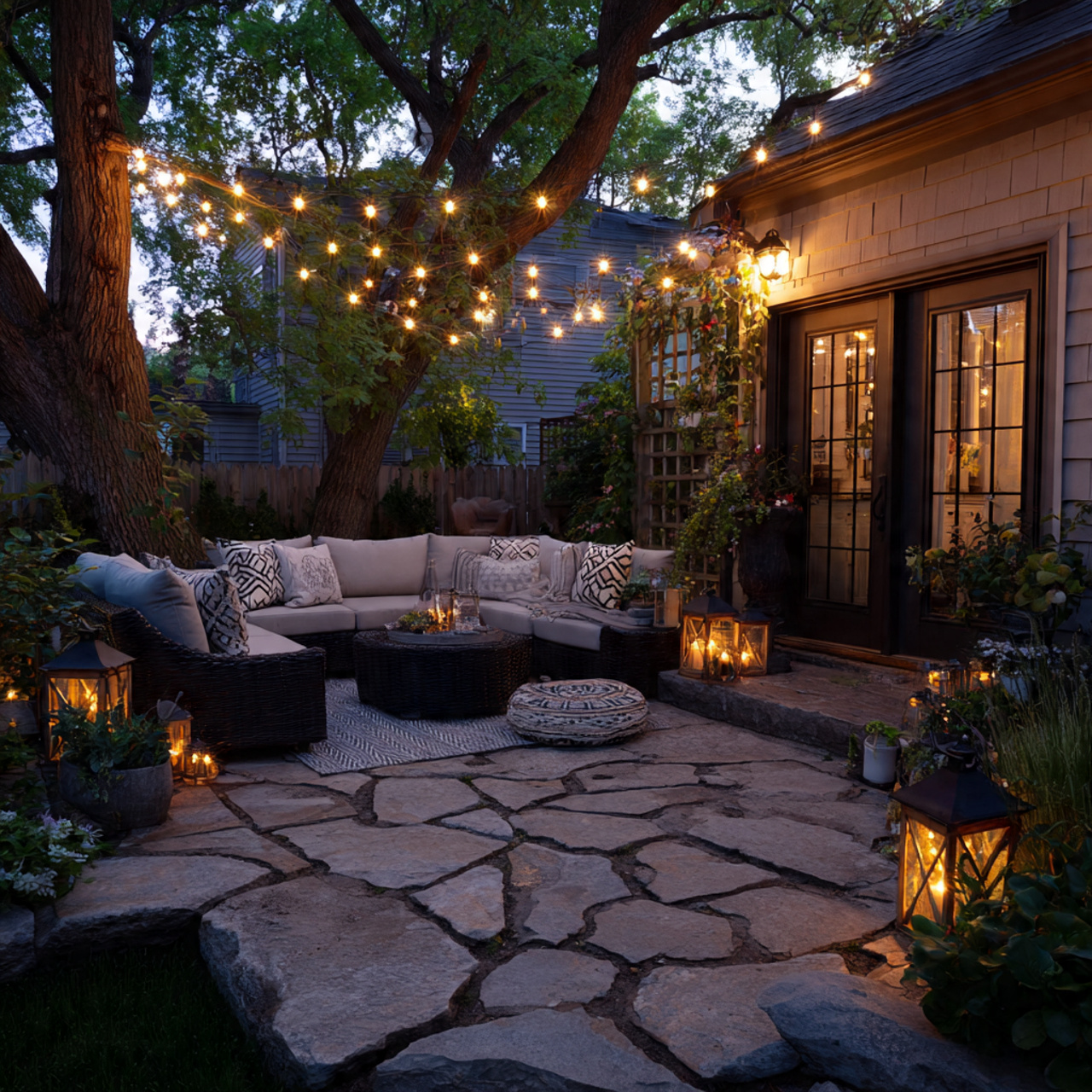 a flagstone patio lit with string lights