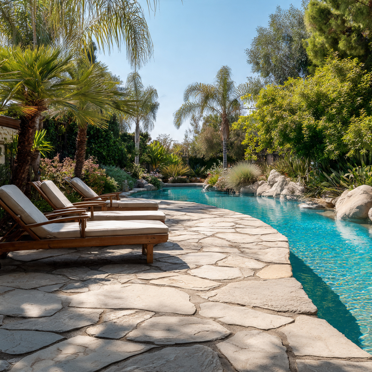 a flagstone patio surrounding a swimming pool