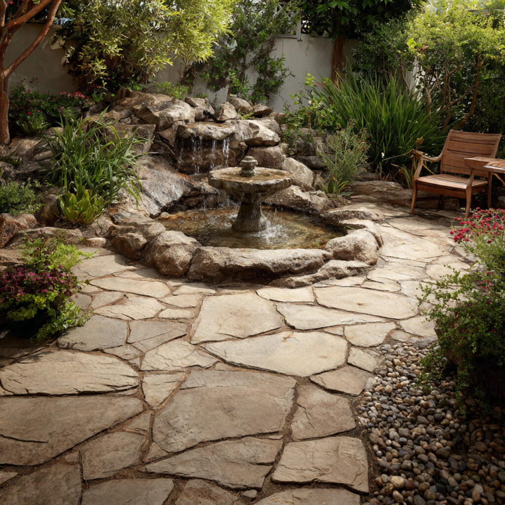 a flagstone patio with a small fountain 1