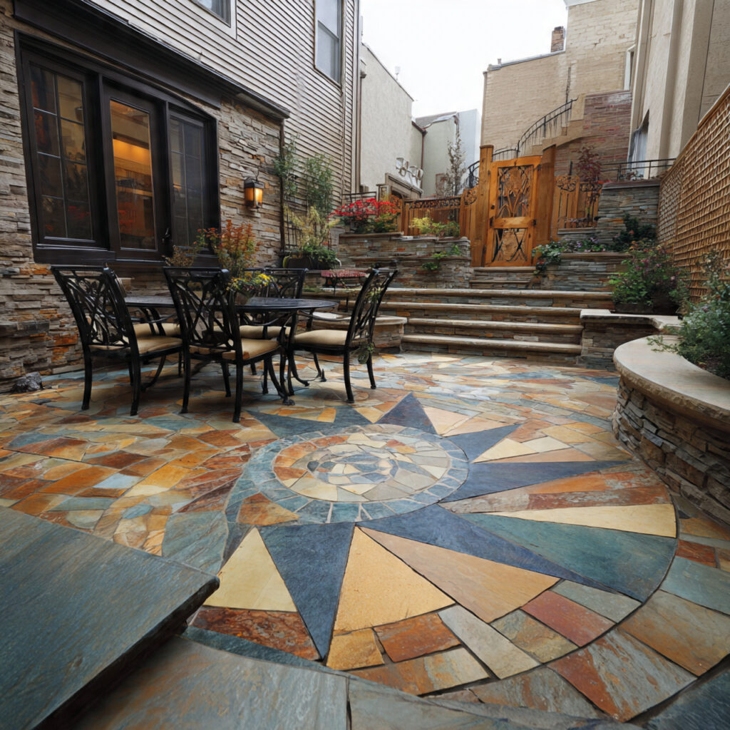 a flagstone patio with innovative patterns like