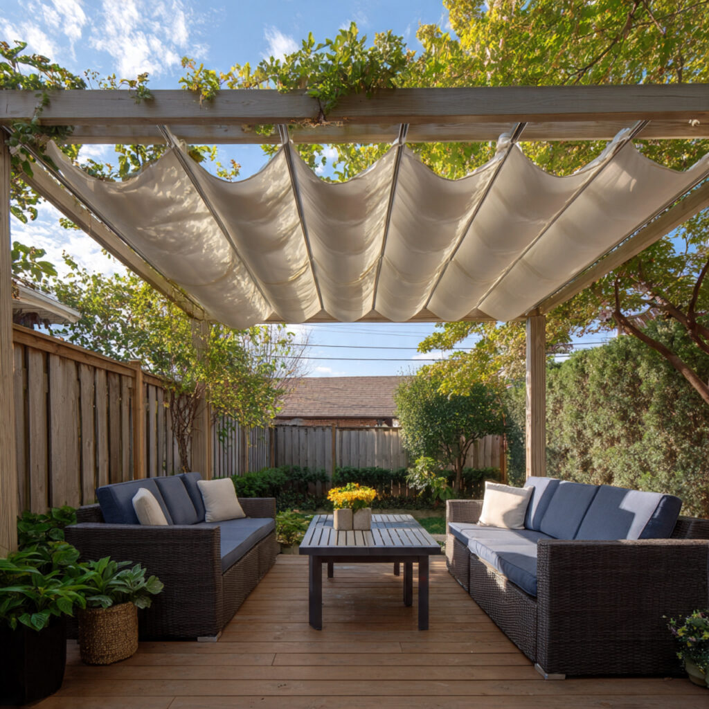 a garden pergola featuring a retractable fabric