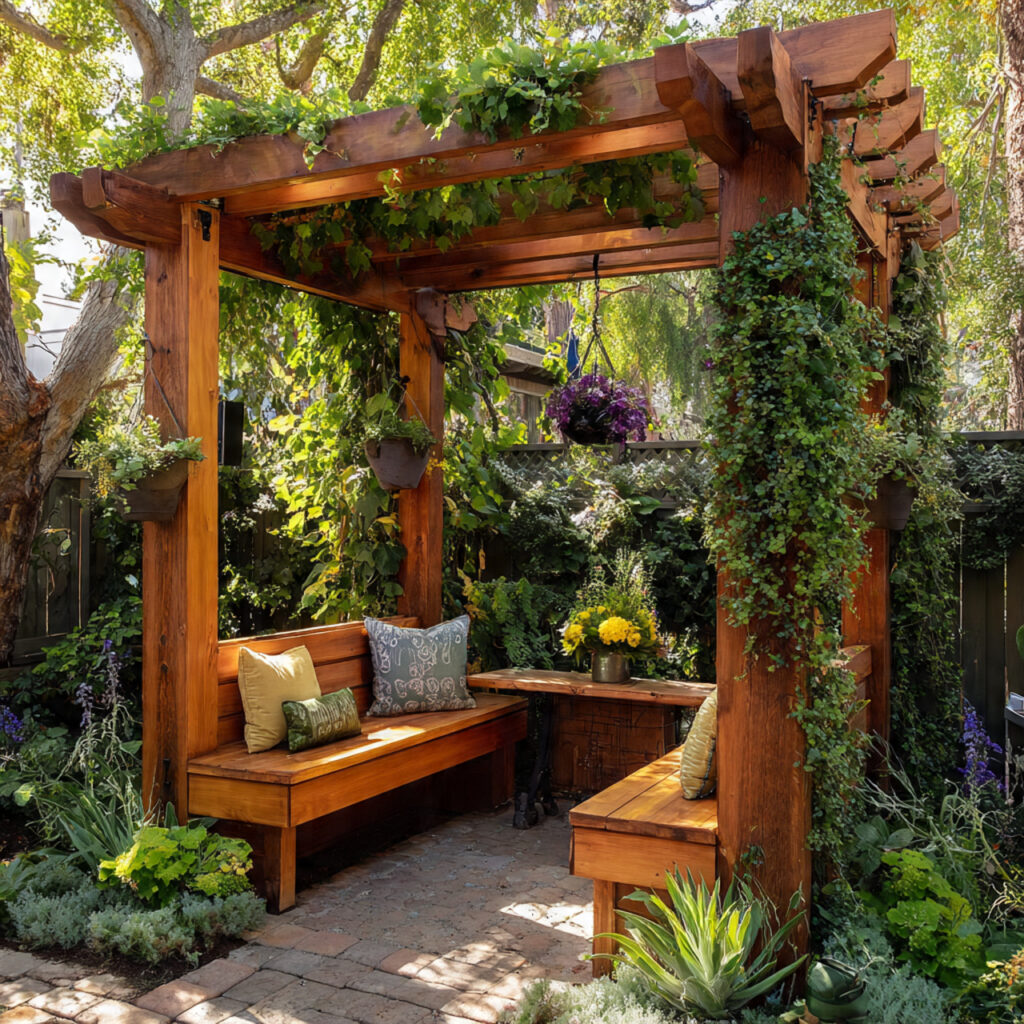 a garden pergola featuring built in wooden benches