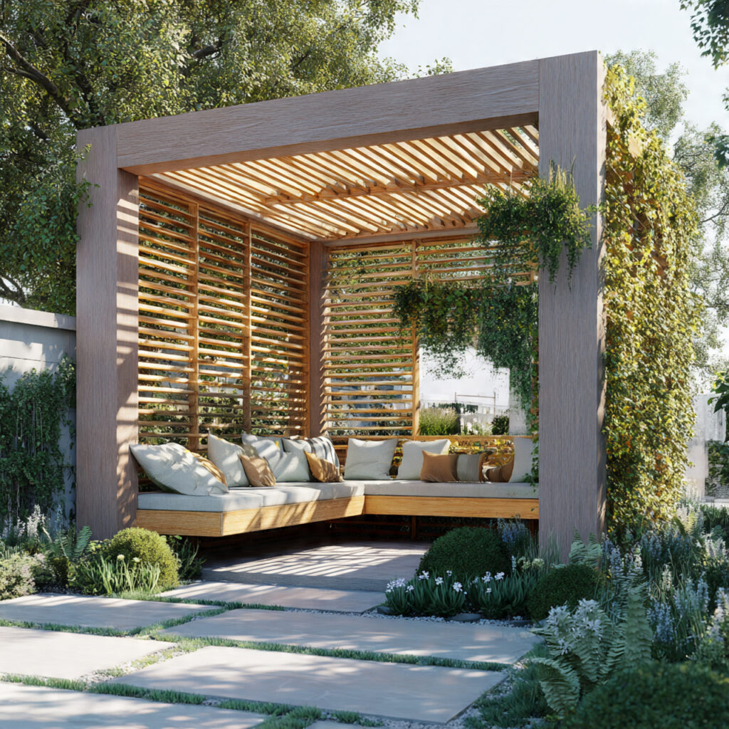 a garden pergola with wooden privacy panels