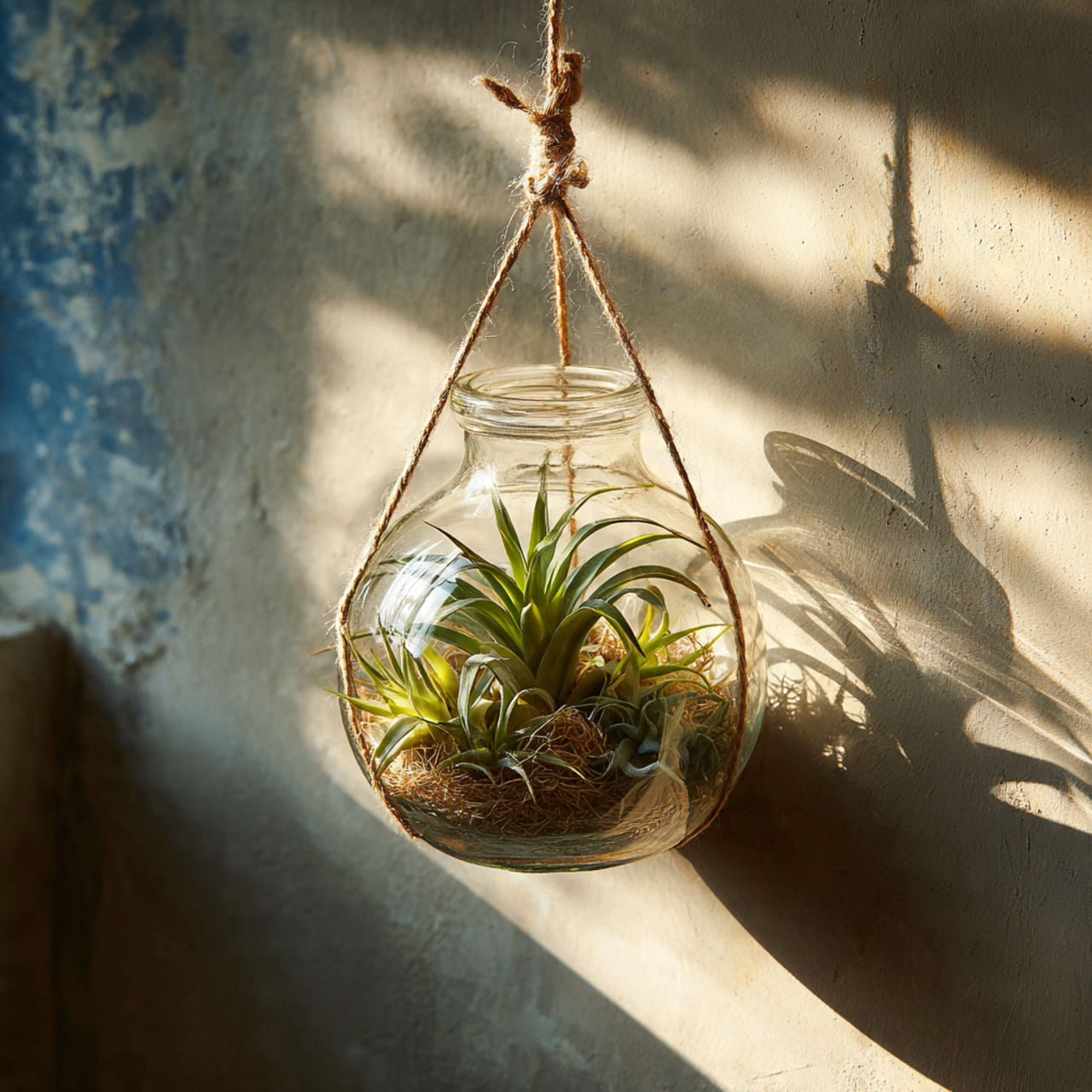 a hanging glass terrarium suspended with twine 2