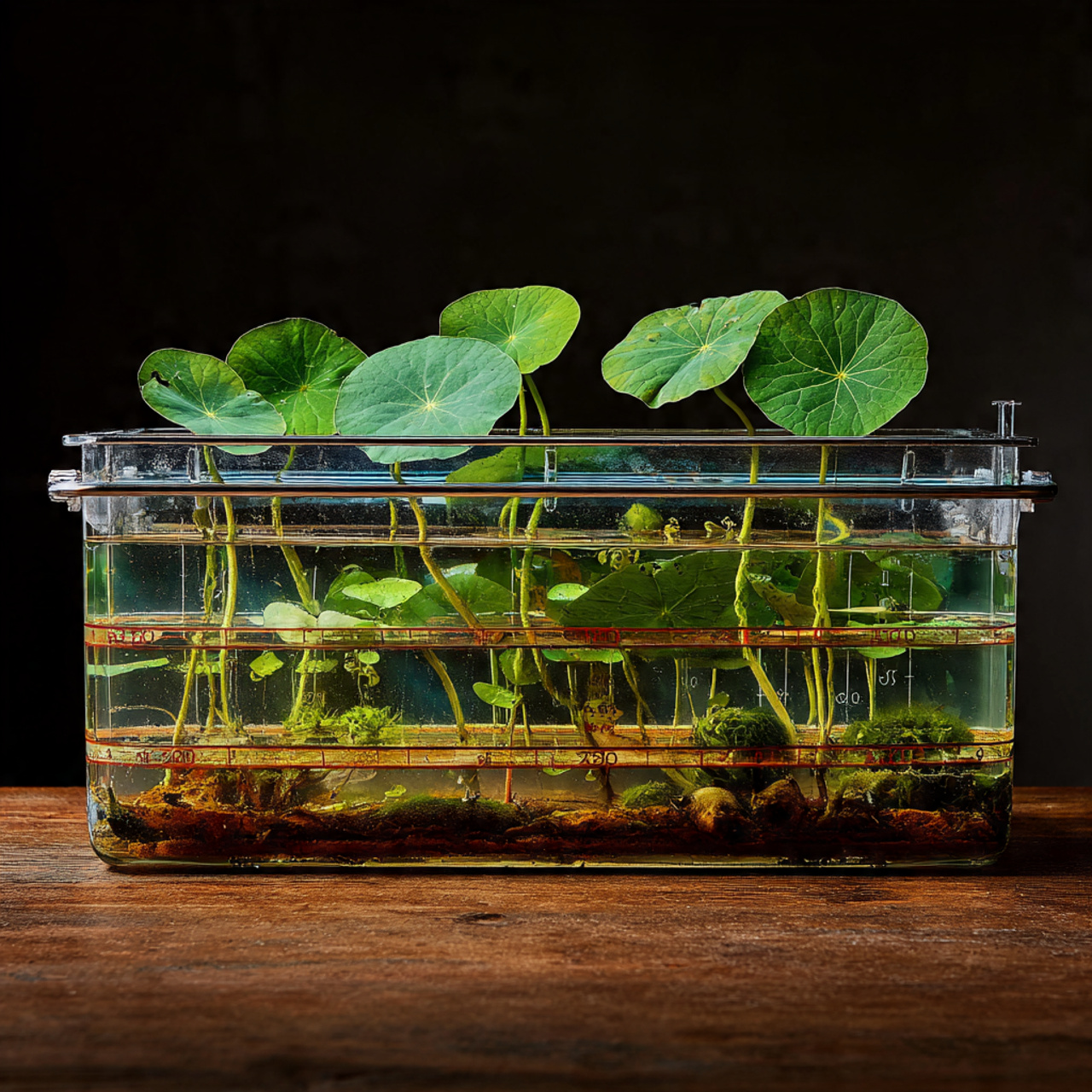 a large container with lotus plants showing