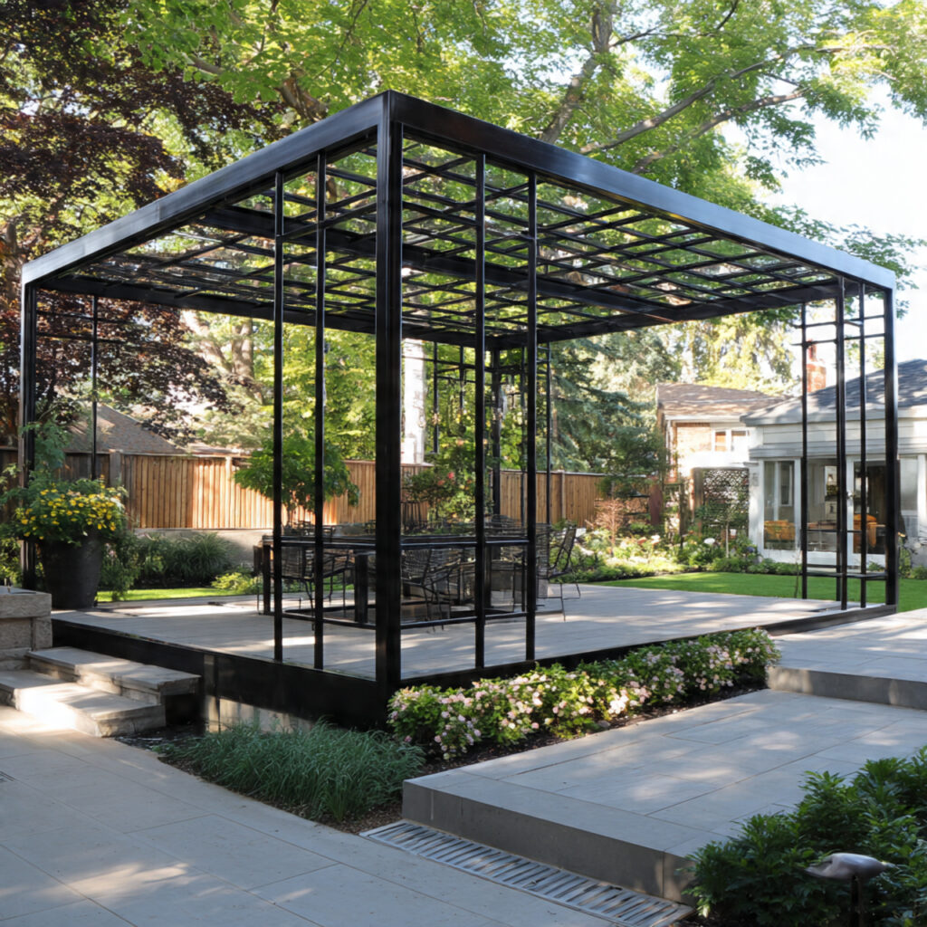 a metal garden pergola with slim black