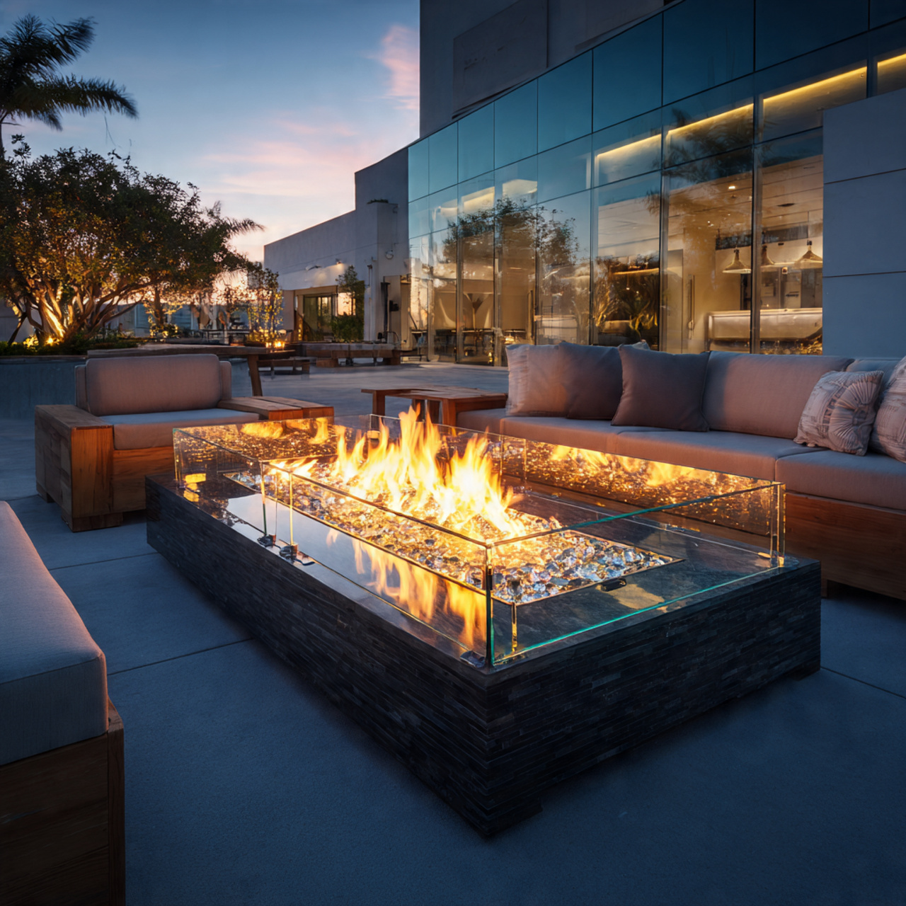 a modern fire pit filled with decorative