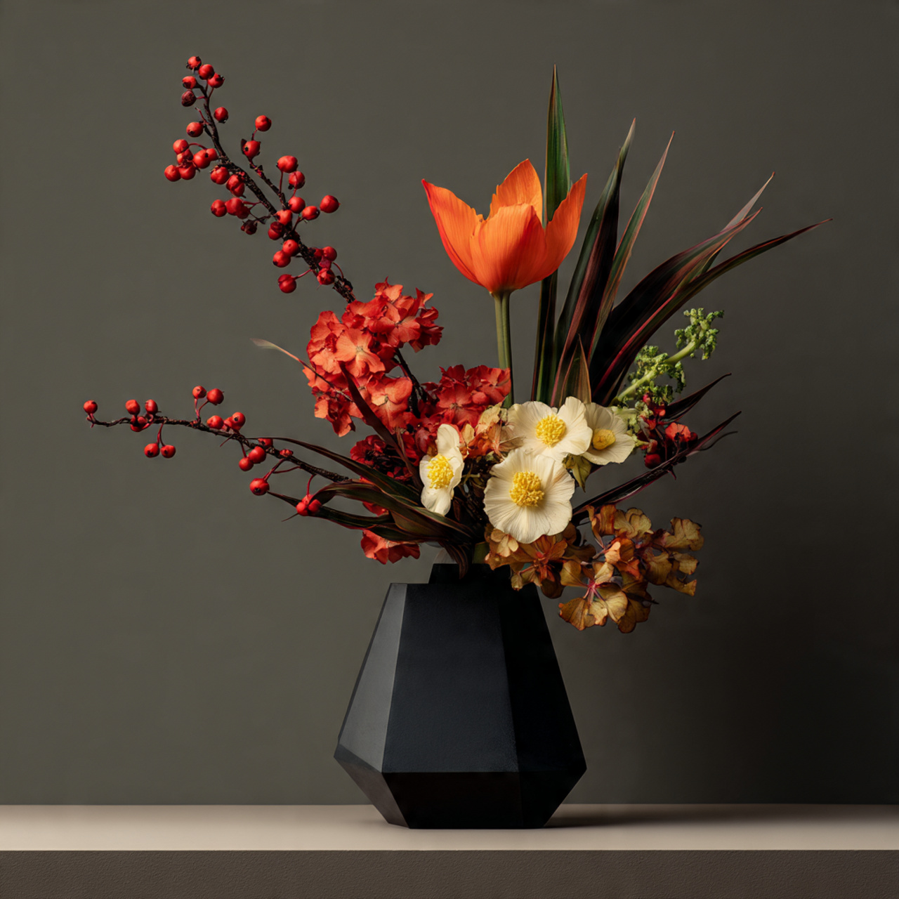 a modern geometric floral arrangement with bold