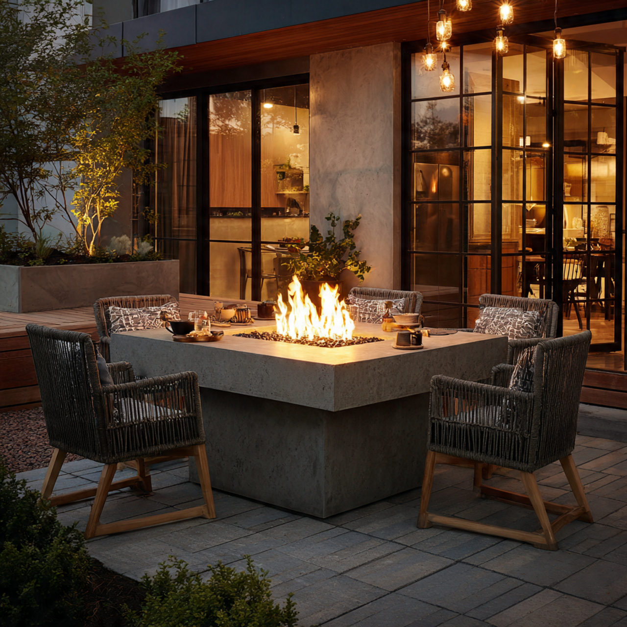 a modern outdoor patio with a gas