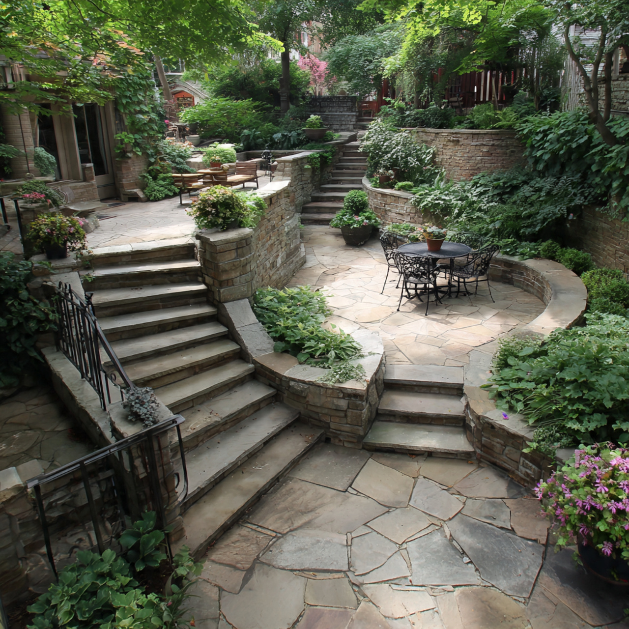 a multi level flagstone patio with stairs terraces