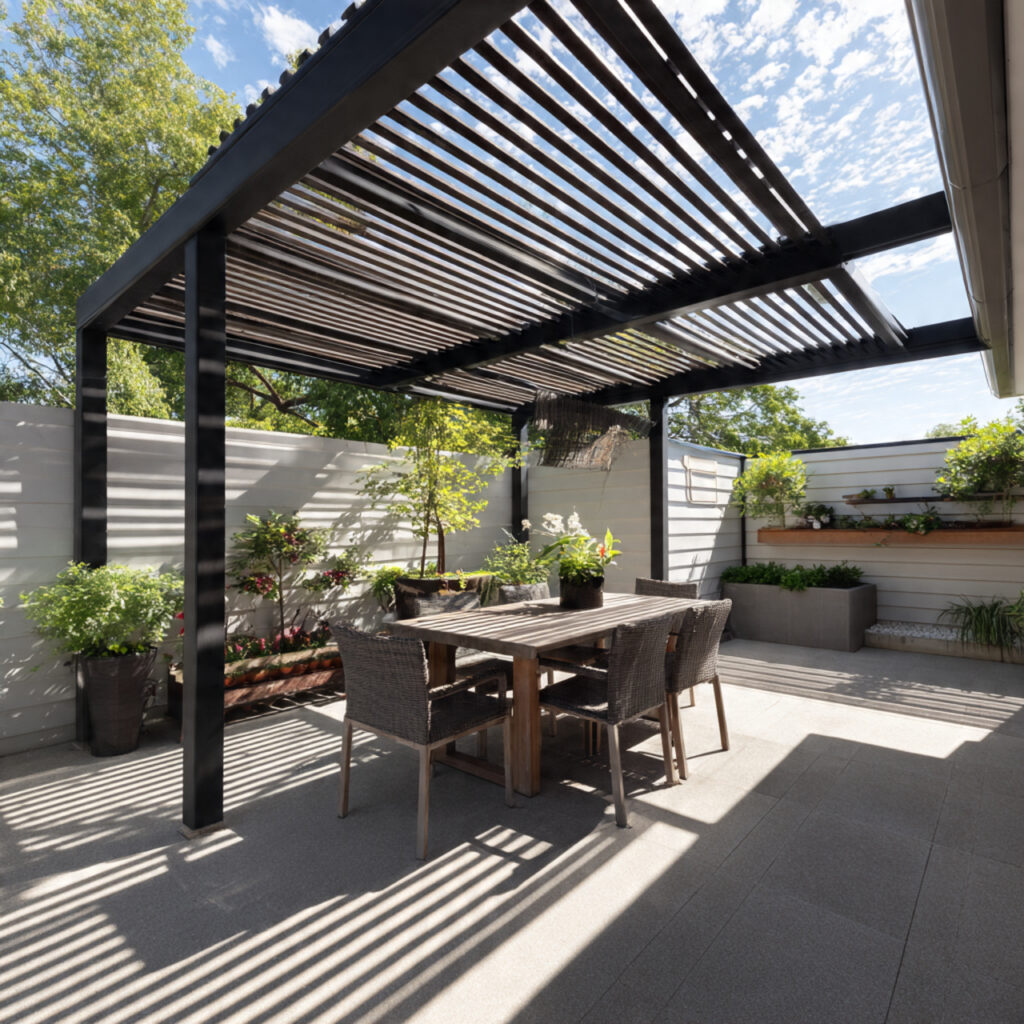 a pergola with a slatted roof casting
