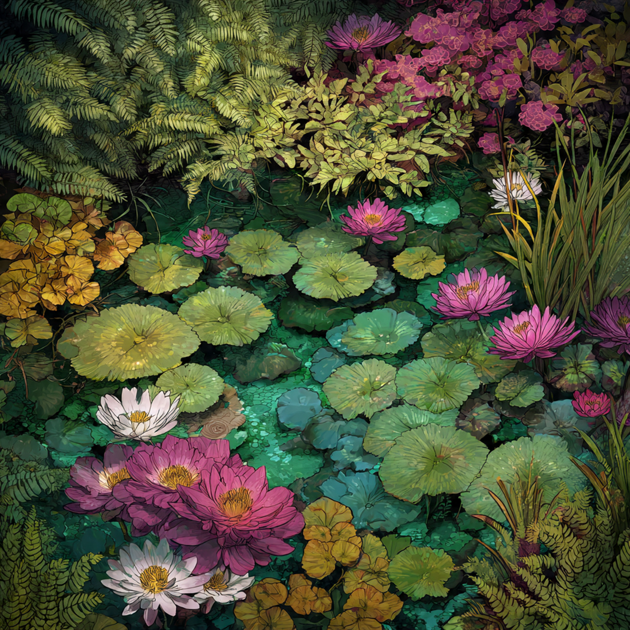 a pond with lotus flowers surrounded by