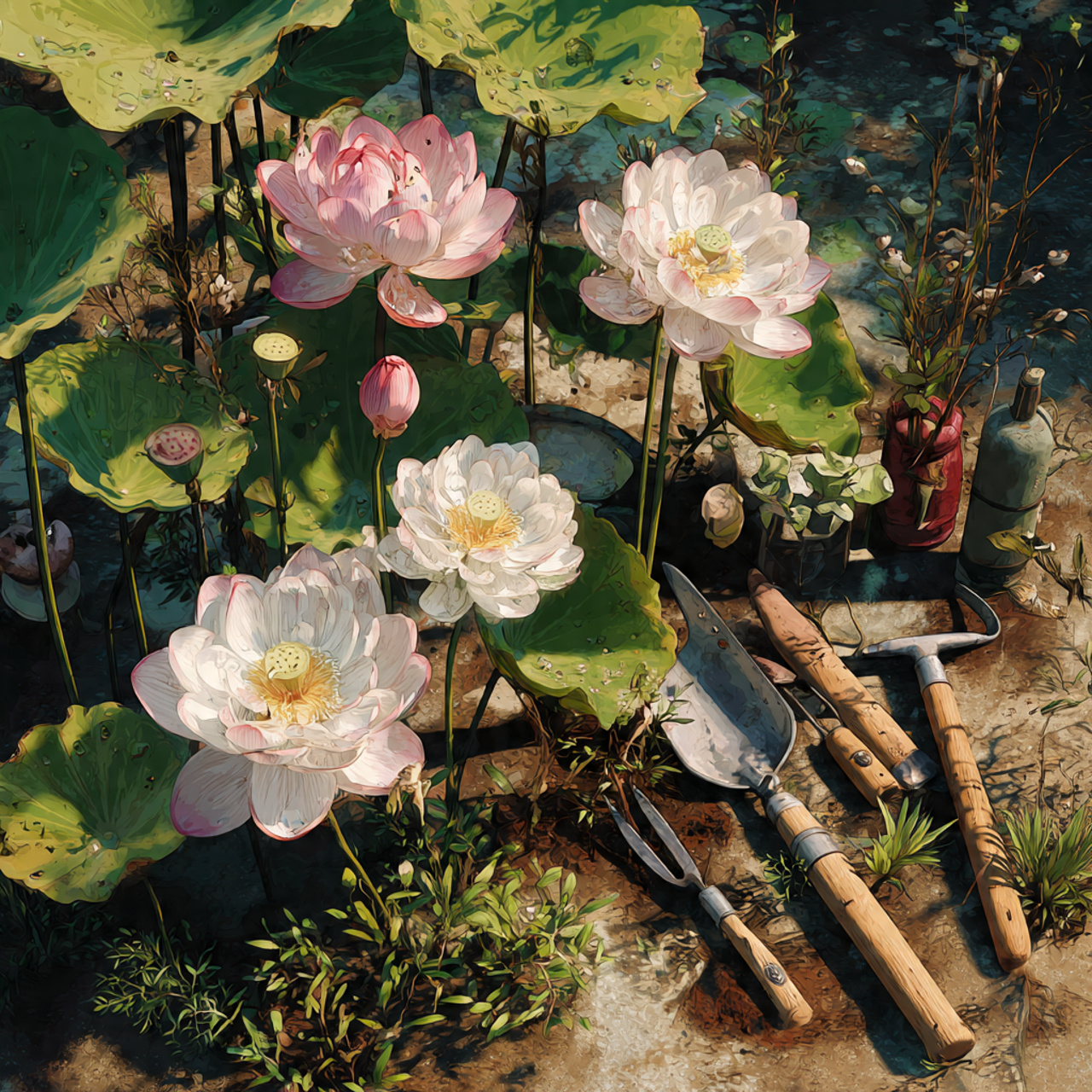 a realistic lotus garden in different seasons
