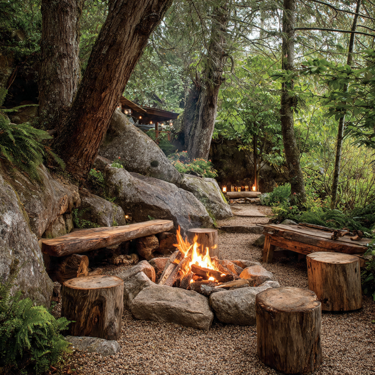 a rustic backyard setting with a wooden