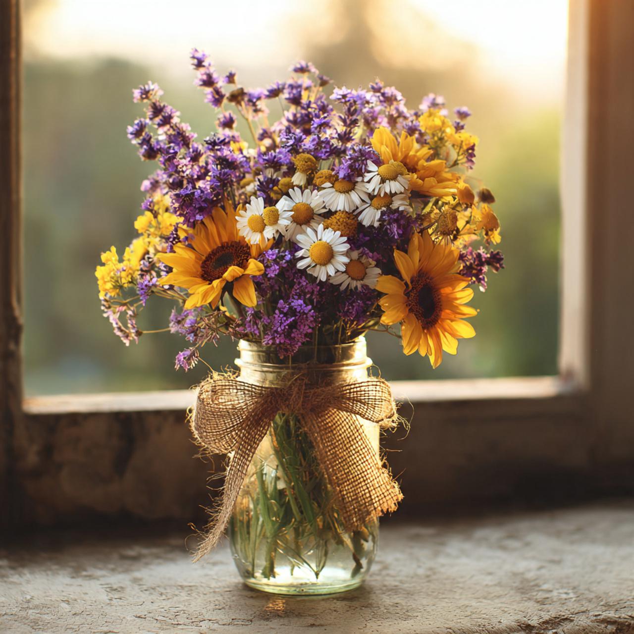 a rustic floral arrangement with wildflowers like