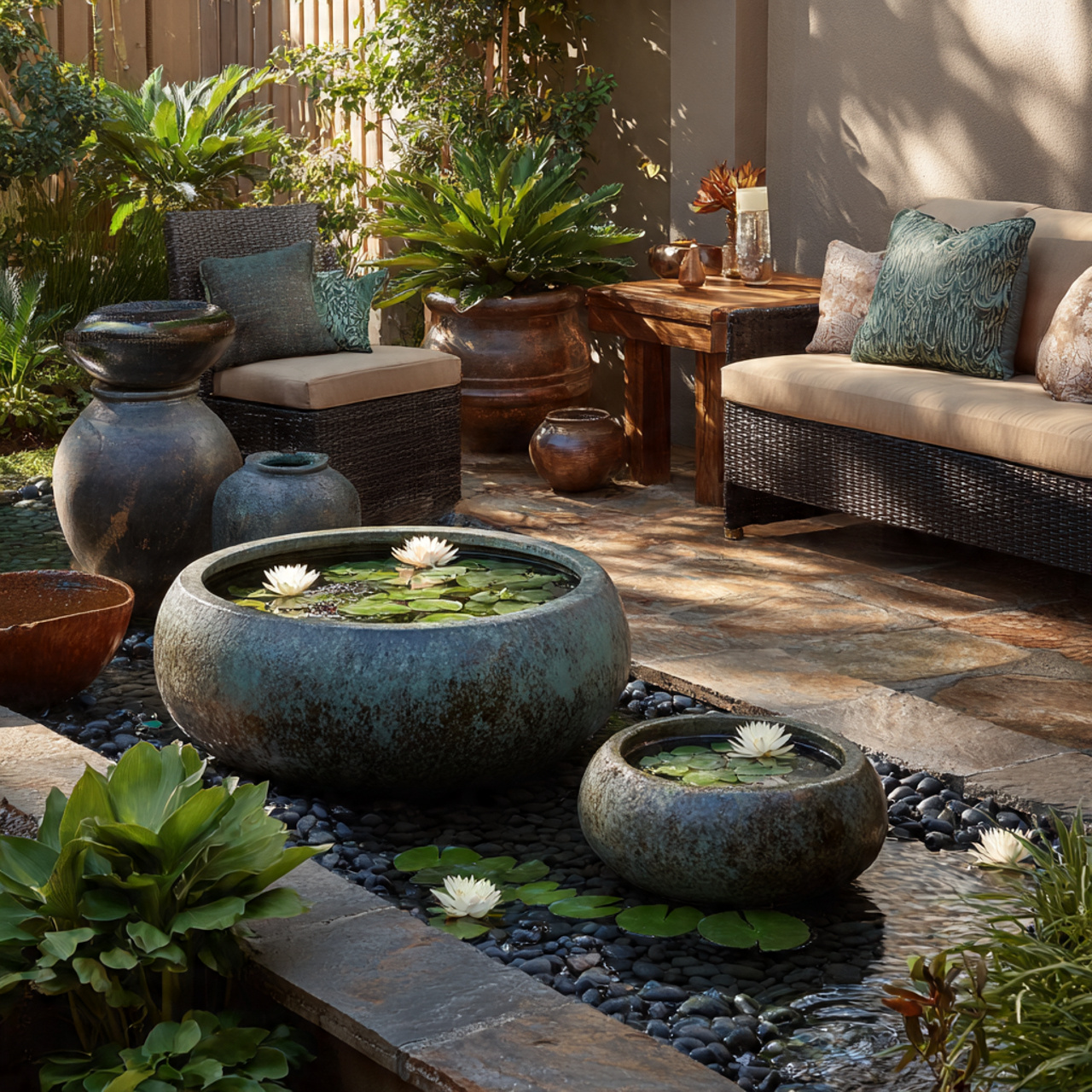 a serene patio featuring lotus containers water