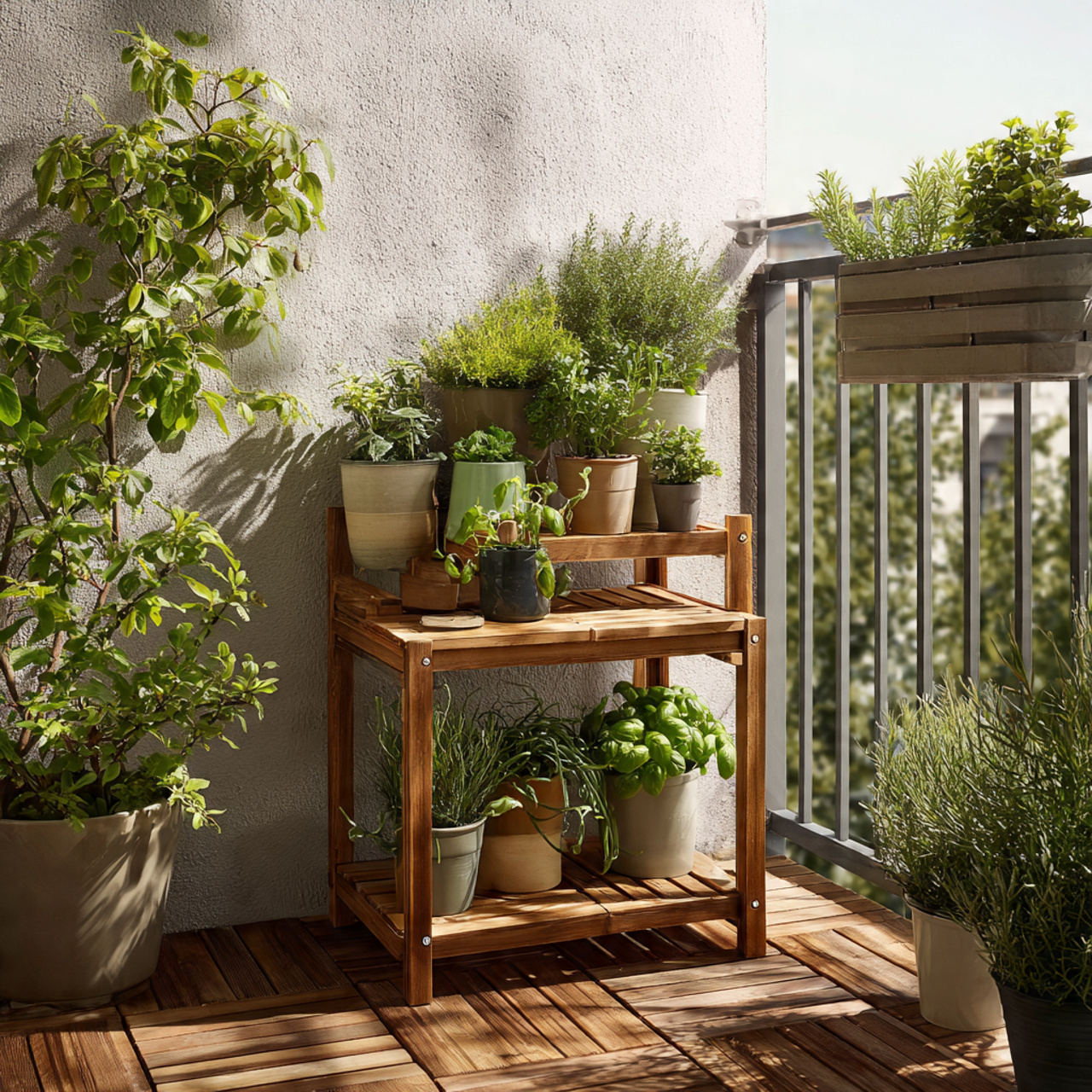 a small balcony corner with a tiered