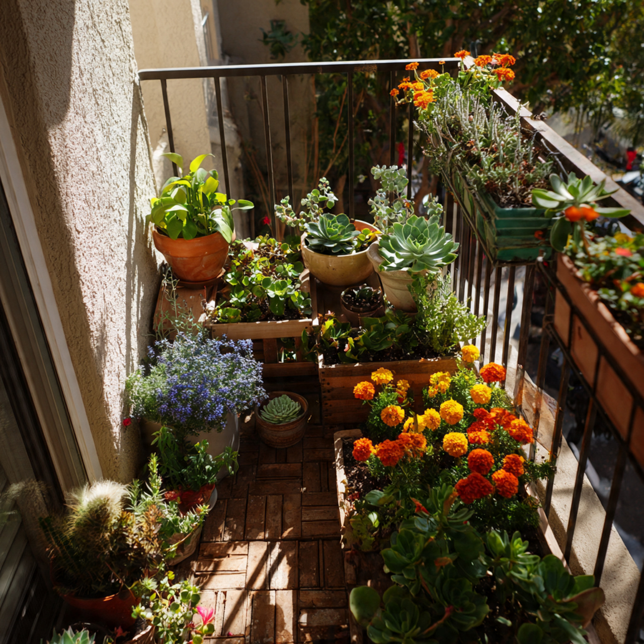 a small balcony filled with sun loving plants
