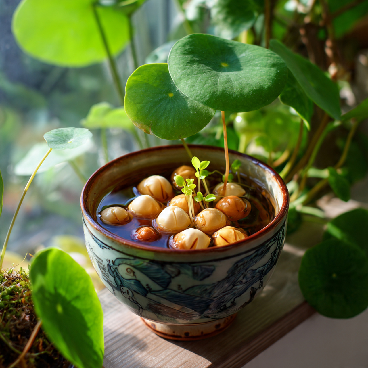 a small bowl with lotus seeds soaking