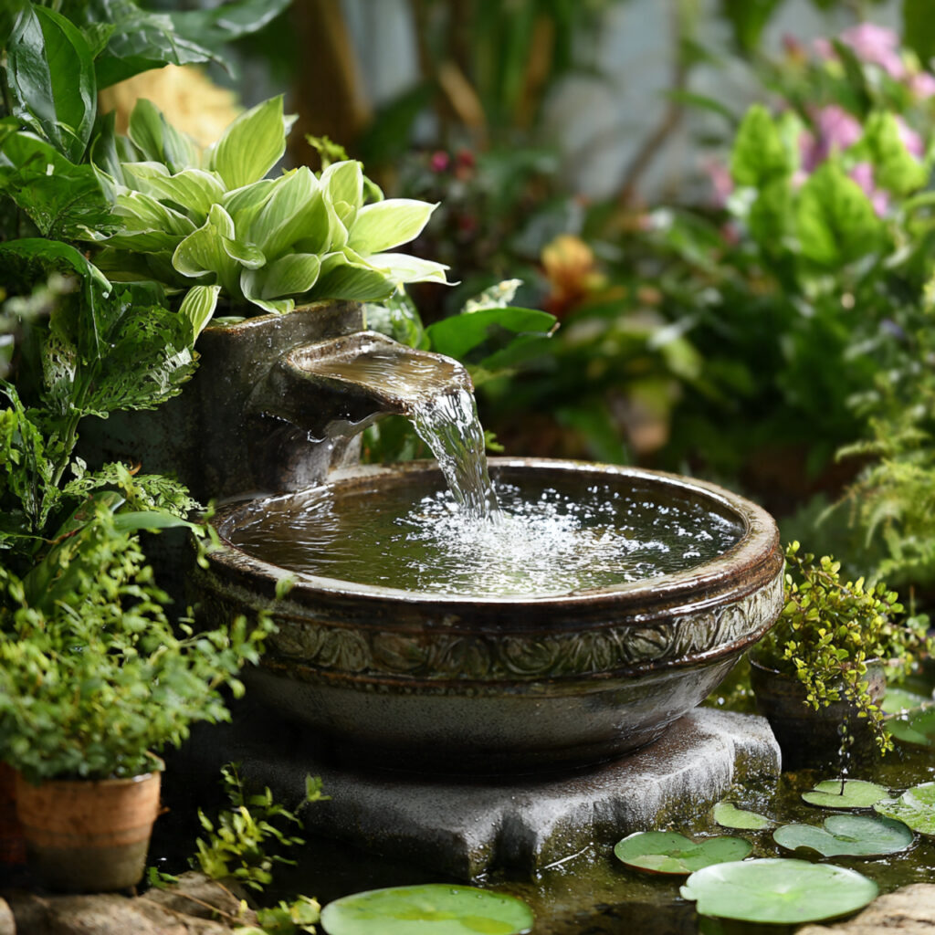 25 Home Garden Ideas to Transform Your Space into a Lush Retreat 9 a small ceramic water fountain surrounded by