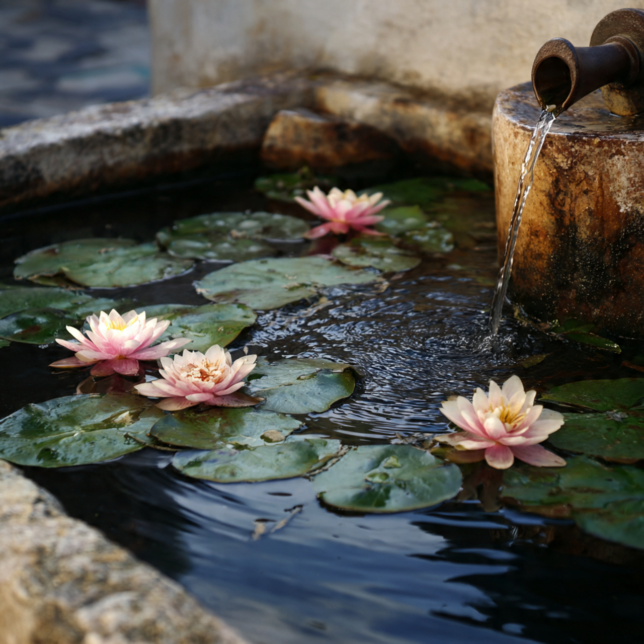 a small water pond with lotus flowers