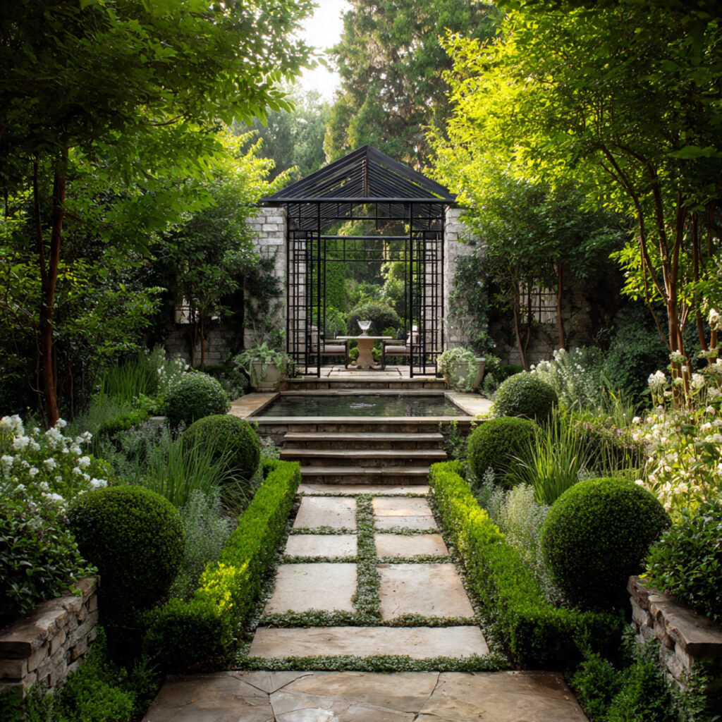 a striking garden pergola positioned as a