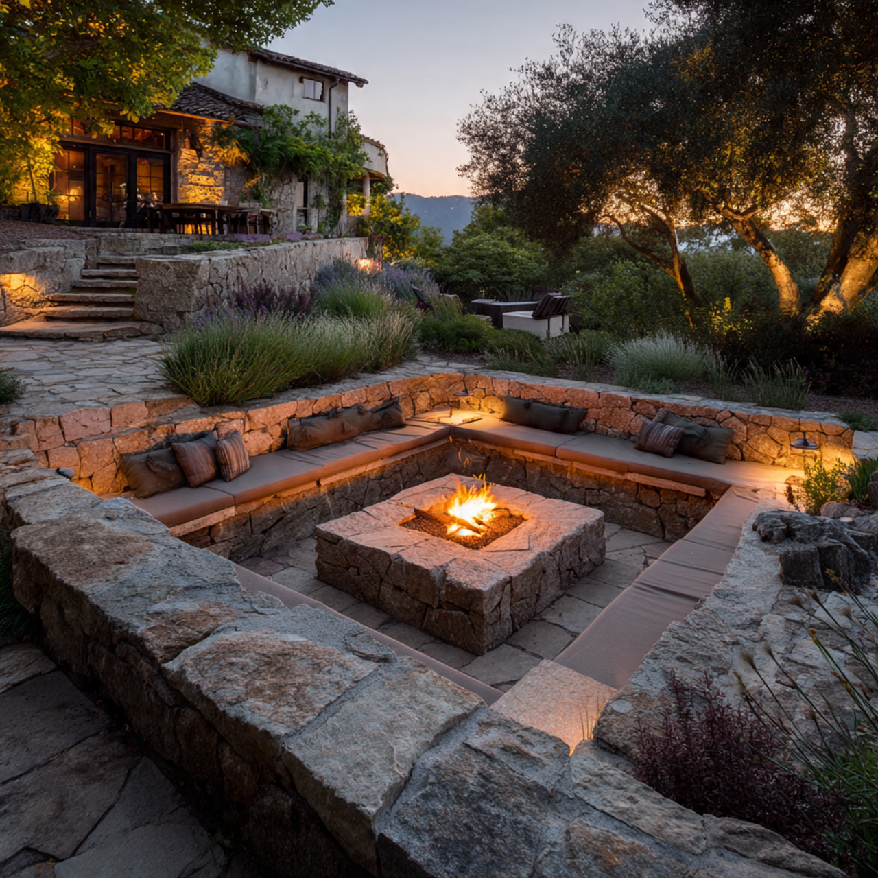 a sunken backyard fire pit with stone