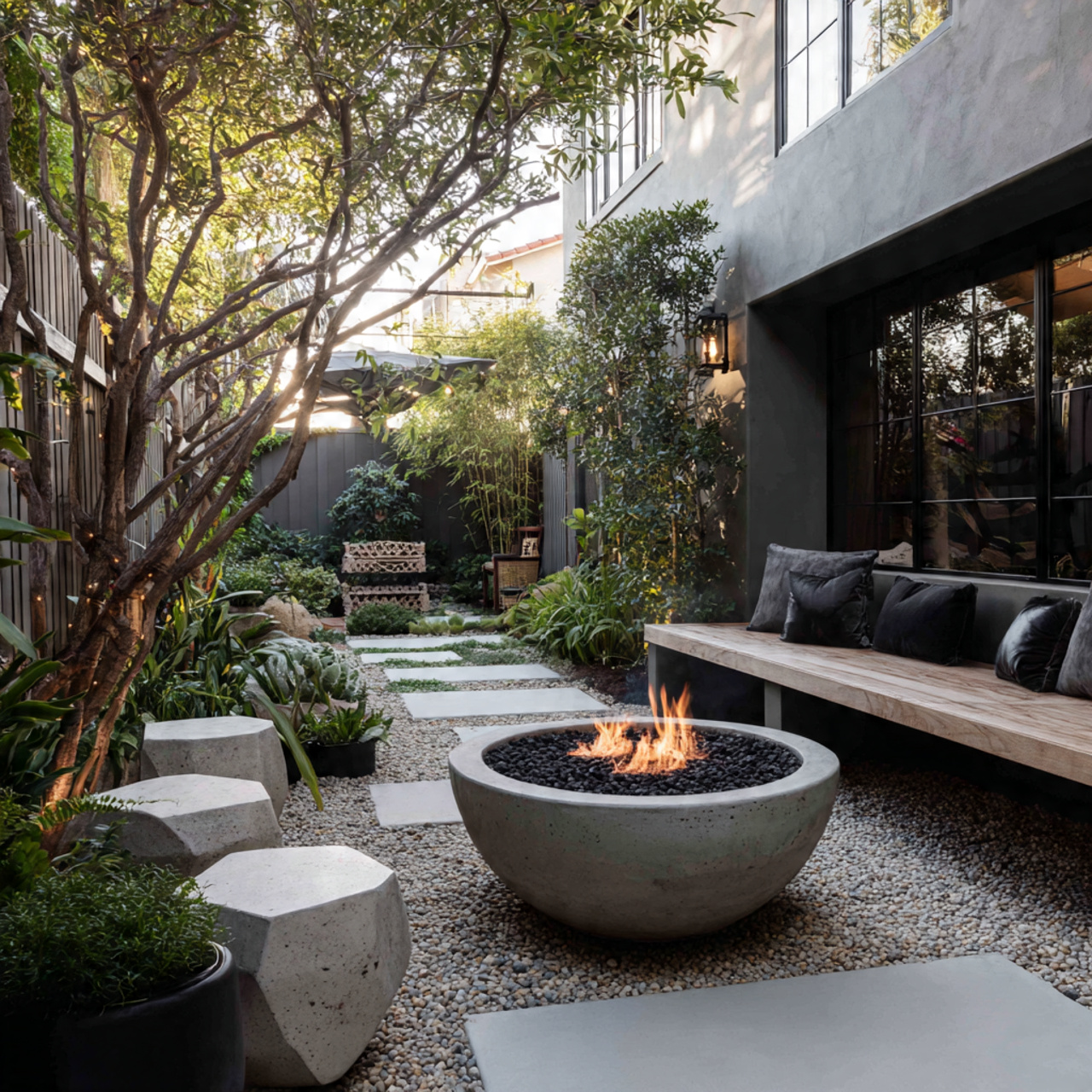 a sustainable backyard with a clean burning eco friendly