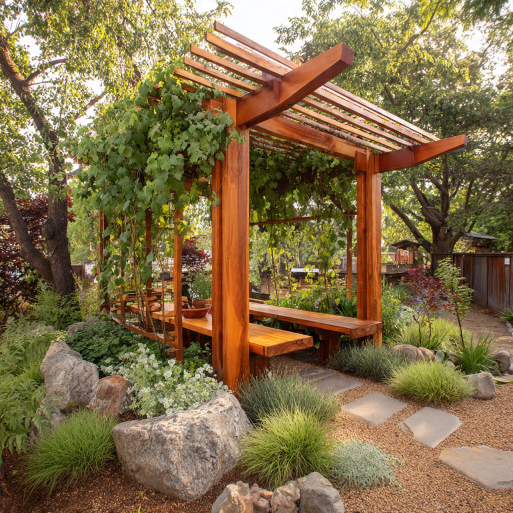 a sustainable garden pergola made from eco friendly