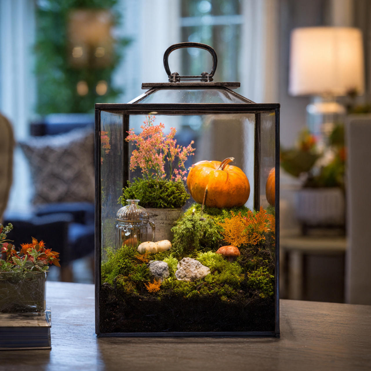 a terrarium reflecting seasonal decor such as