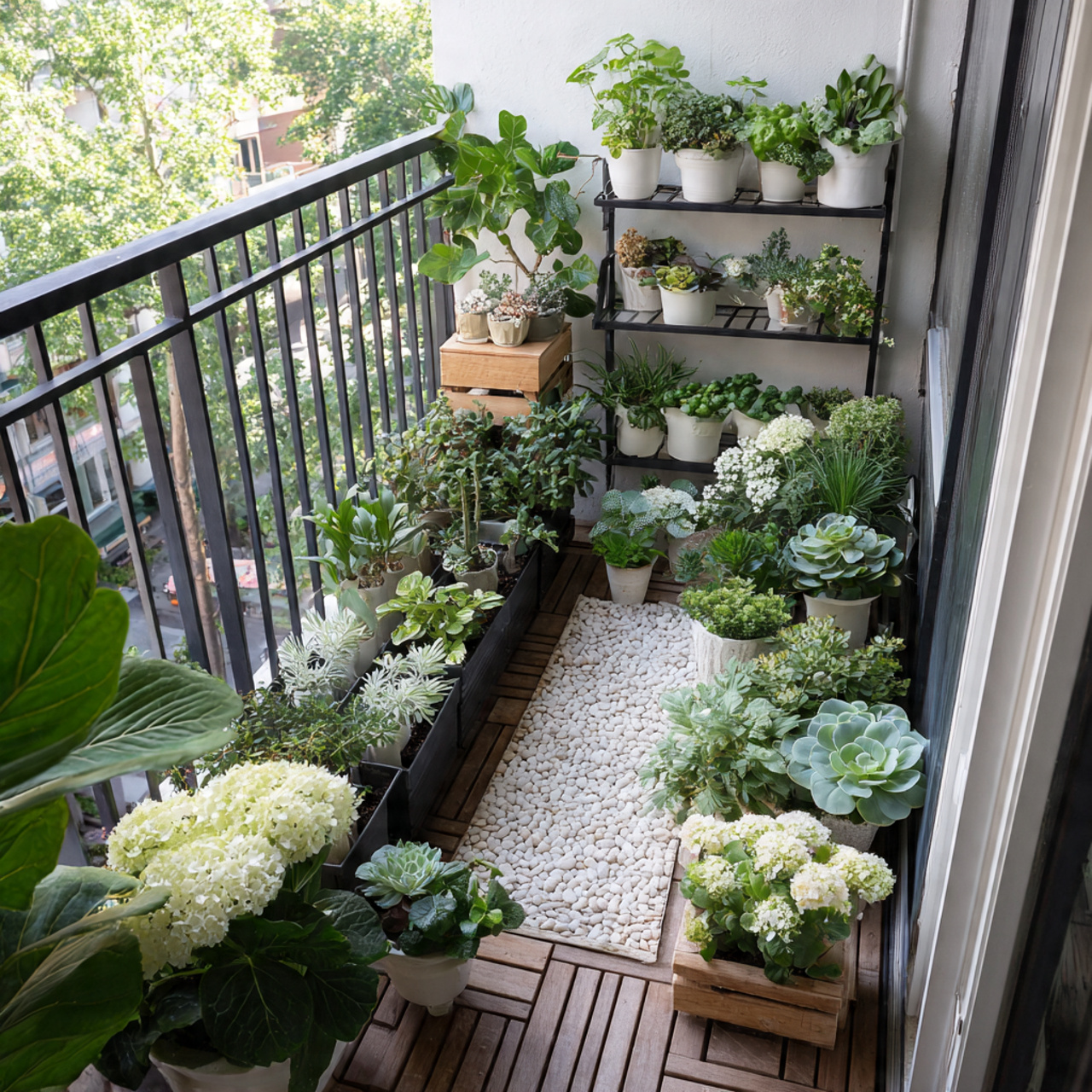 a tiny balcony garden with plants arranged