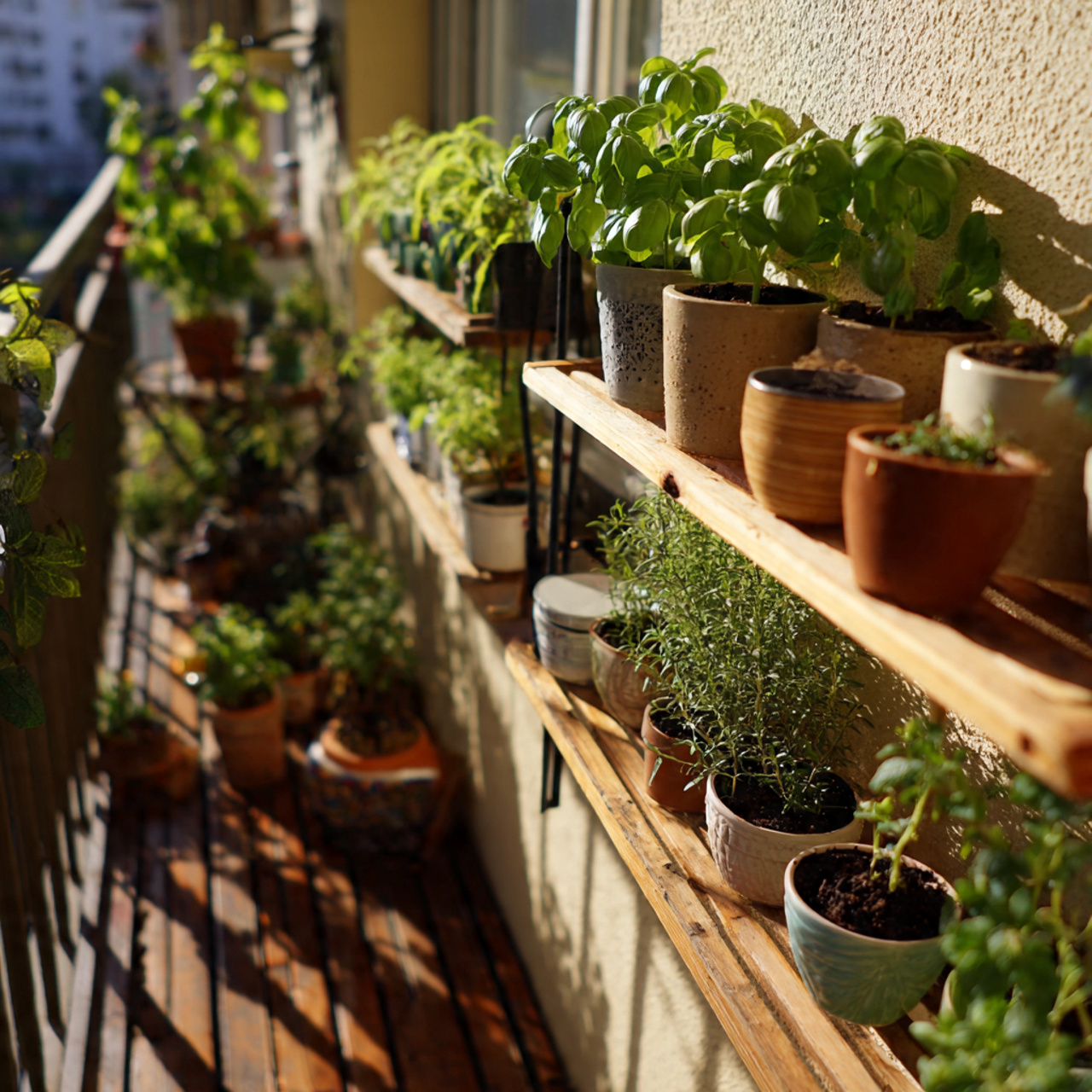 a tiny balcony garden with small pots