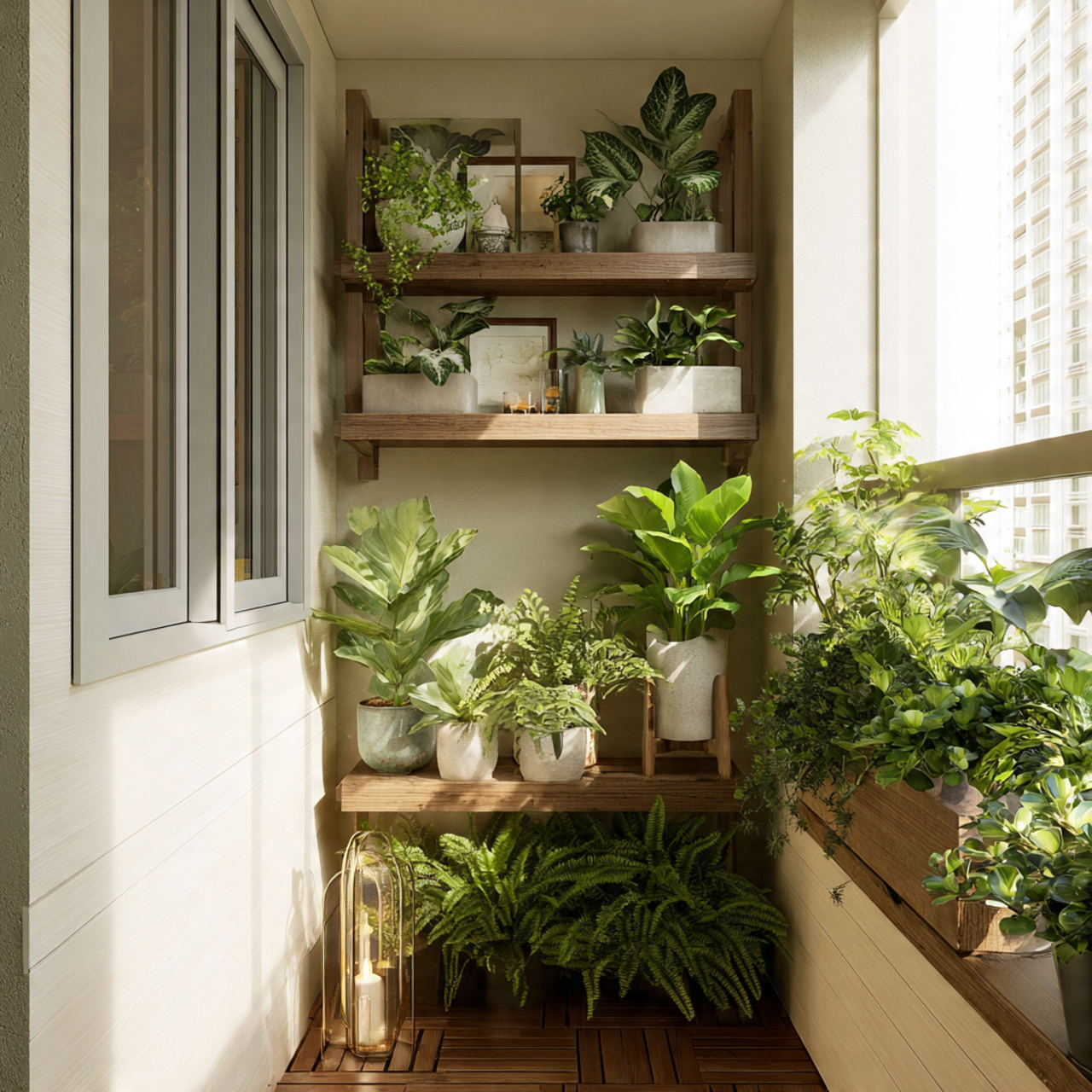 a tiny balcony with shade tolerant plants like